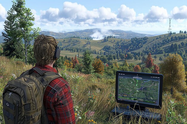 A player using a technologically advanced tool from a Minecraft mod to terraform the landscape with extreme precision, showing a before-and-after of the terrain.
