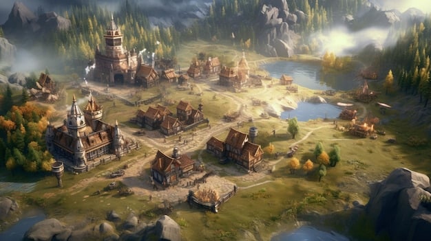 A screenshot of the Lords Mobile game showing a player's castle with various resource buildings, including mines, optimally placed and upgraded. The image should highlight the importance of resource production and management in earning Gold.