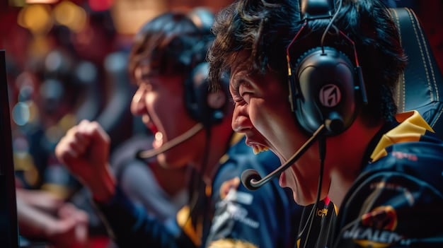 A close-up shot of a team of Mobile Legends players during a tournament, showing their intense focus and communication through headsets, with animated expressions of concentration and teamwork.