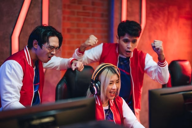 A bustling scene from an Indonesian gaming convention, filled with cosplayers, booths, and excited attendees. The image captures the vibrant and energetic atmosphere of the event.