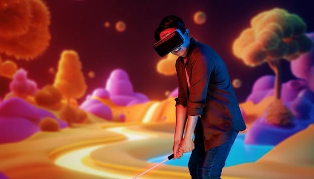 An Indonesian gamer wearing a VR headset and fully immersed in a metaverse game, with vibrant graphics from the game reflecting on their face.