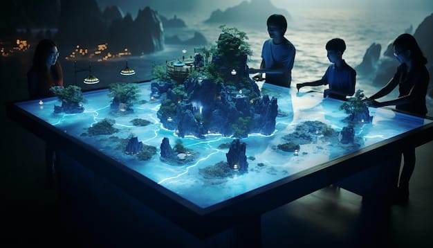 A meeting of Indonesian game developers discussing metaverse integration strategies, with a holographic projection of a game world in the background.