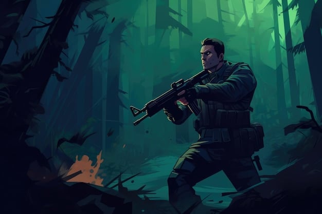 A player character in Free Fire is holding an M4A1 assault rifle, aiming down the sights at a distant enemy. The environment is a grassy field with trees in the background.